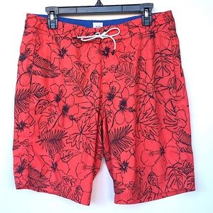 GAP Novelty Boardshorts Swimsuit Swim Shorts Stretch Hibiscus Red Size Medium